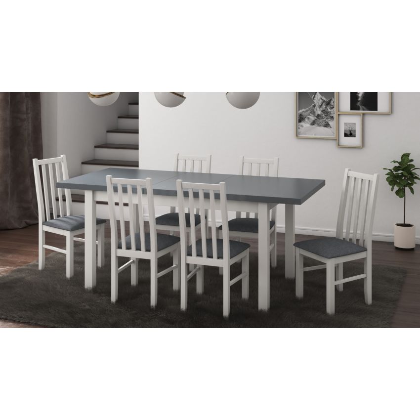 Set masa extensibila 140-180x80 cm cu 6 scaune tapitate, mb-21 modena1 si s-38 boss10 b11, alb/grafit, lemn masiv de fag, stofa