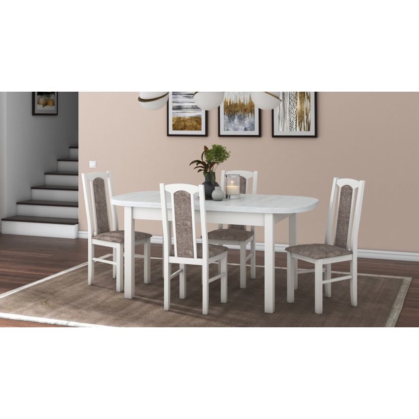 Set masa extensibila 160 x 200 cm cu 4 scaune tapitate, mb-12 venus1 si s-38 boss14 b25b, bialy, lemn masiv de fag, stofa