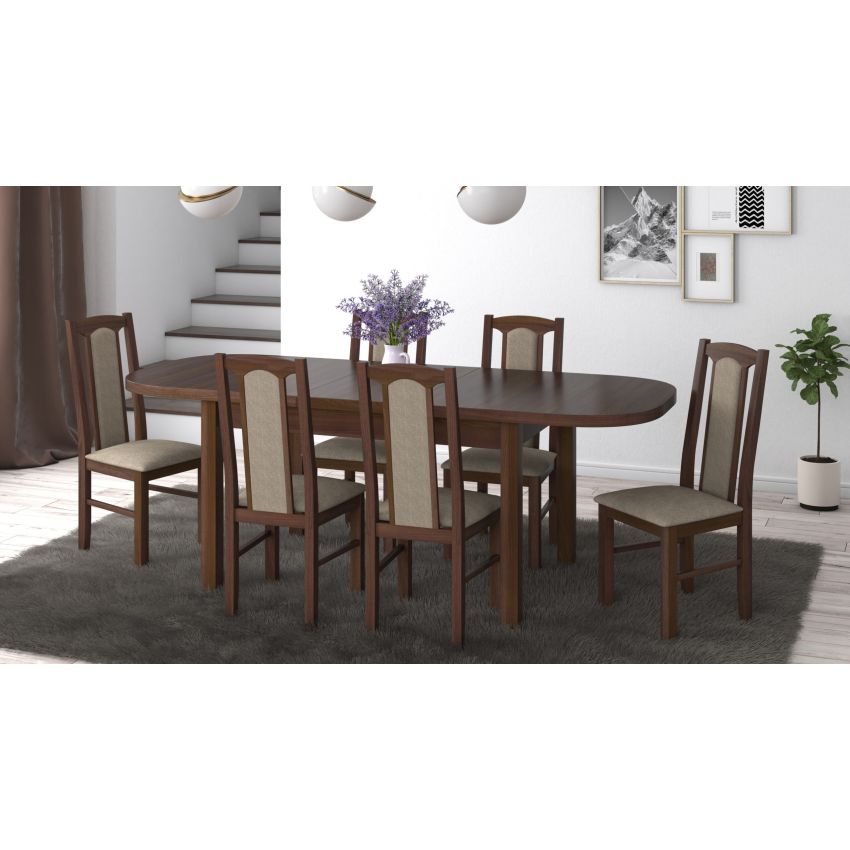 Set masa extensibila 160 x 200 cm cu 6 scaune tapitate, mb-12 venus 1 si s-37, nuc, lemn masiv de fag, stofa