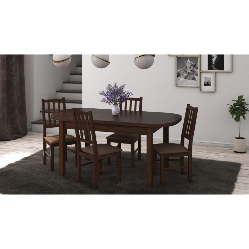 Set masa extensibila 160x200cm cu 4 scaune tapitate, mb-12 venus1 si s-38 boss4 o15, nuc, lemn masiv de fag, stofa