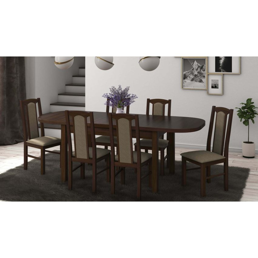 Set masa extensibila 160x200cm cu 6 scaune tapitate, mb-12 venus1 si s-37 boss7 o27a, nuc, lemn masiv de fag, stofa