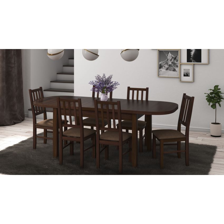 Set masa extensibila 160x200cm cu 6 scaune tapitate, mb-12 venus1 si s-38 boss4 o15, nuc, lemn masiv de fag, stofa