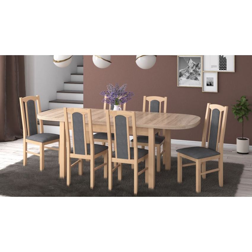 Set masa extensibila 160x200cm cu 6 scaune tapitate, mb-12 venus1 si s-37 boss7 s11, sonoma, lemn masiv de fag, stofa
