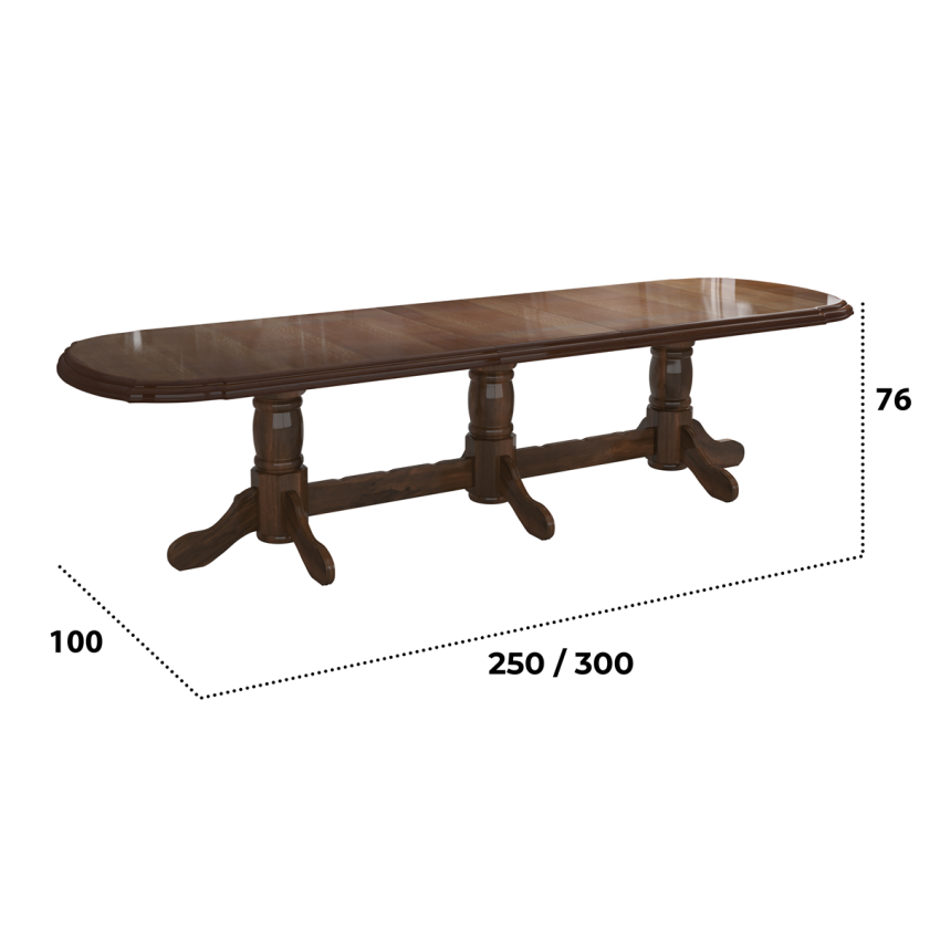 Set masa extensibila jork 250-300x100 cm, lemn masiv nuc, cu 12 scaune tapitate stofa maro, s-37 O15