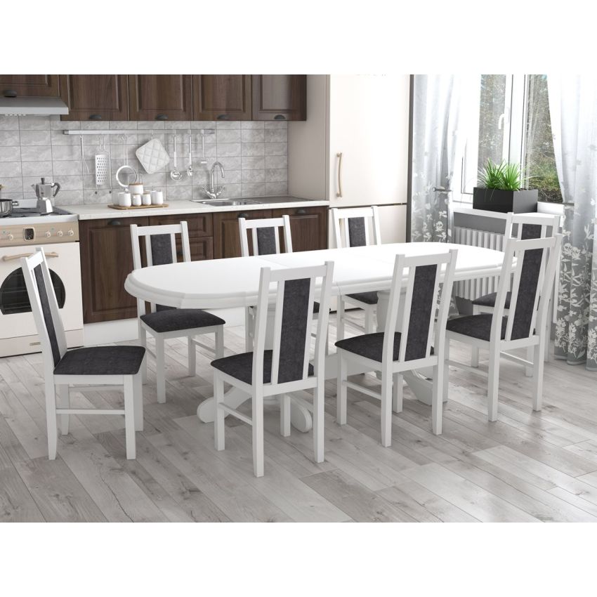 Set masa extensibila jork 160-200 cm, lemn masiv alb, cu 8 scaune tapitate stofa gri, s-38 24b