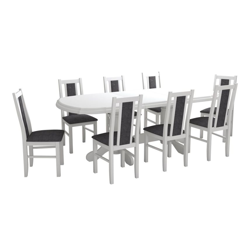 Set masa extensibila jork 160-200 cm, lemn masiv alb, cu 8 scaune tapitate stofa gri, s-38 24b