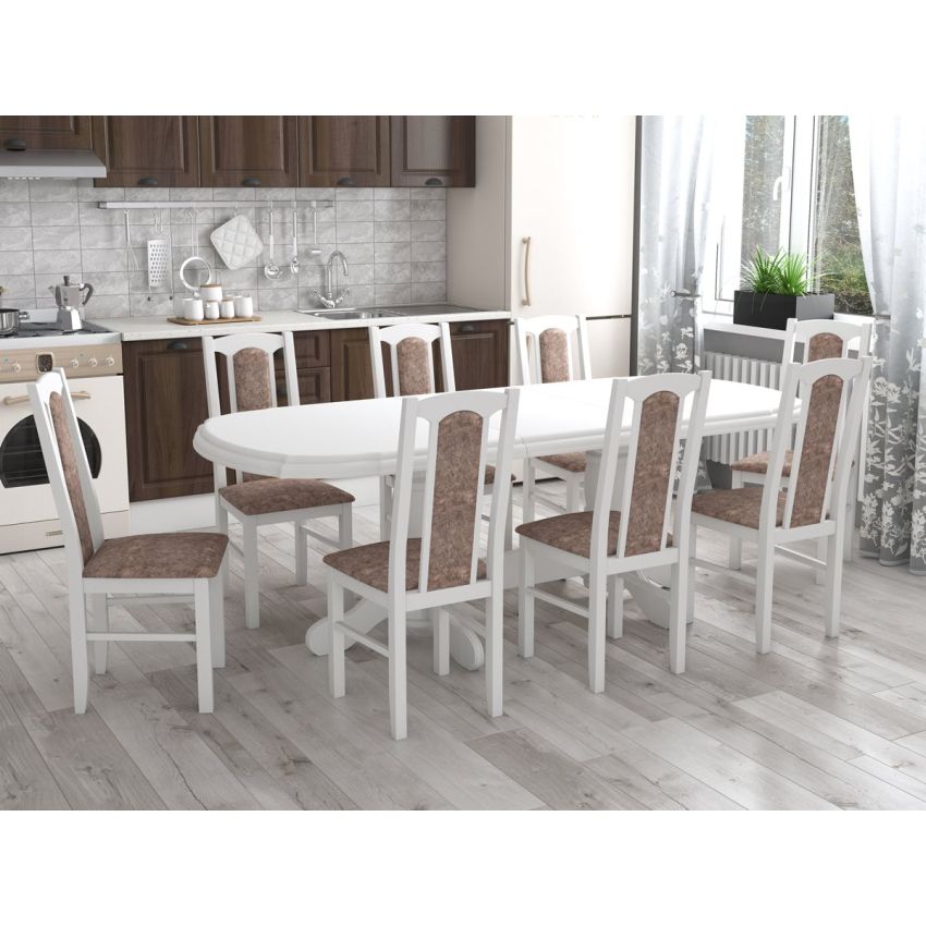 Set masa extensibila jork 160-200 cm, lemn masiv alb, cu 8 scaune tapitate stofa maro, s-37 25b