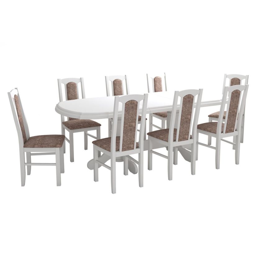 Set masa extensibila jork 160-200 cm, lemn masiv alb, cu 8 scaune tapitate stofa maro, s-37 25b