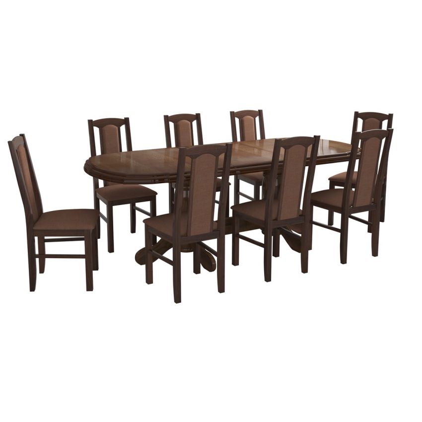 Set masa extensibila jork 160-200 cm, lemn masiv nuc, cu 8 scaune tapitate stofa maro, s-37 O15