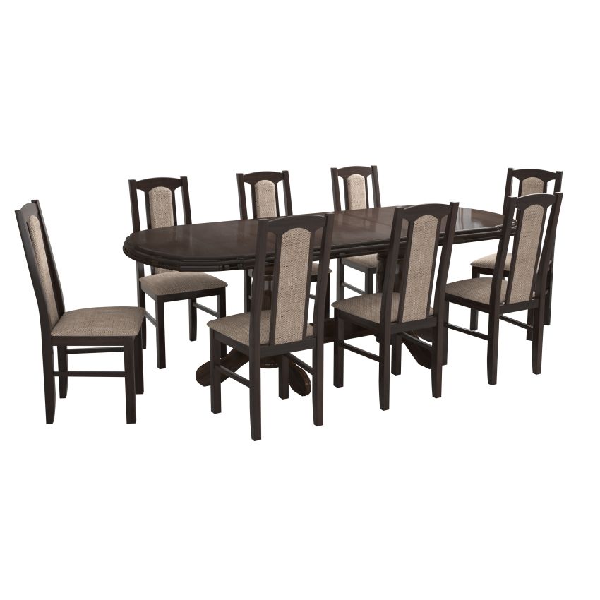 Set masa extensibila jork 160-200 cm, lemn masiv wenge, cu 8 scaune tapitate stofa maro, s-37 b7 W2