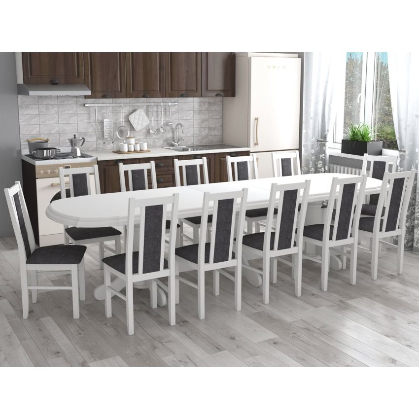 Set masa extensibila jork 250-300x100 cm, lemn masiv alb, cu 12 scaune tapitate stofa gri, s-38 B24B