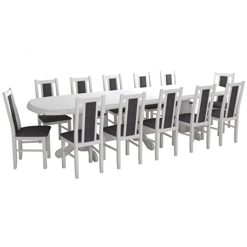 Set masa extensibila jork 250-300x100 cm, lemn masiv alb, cu 12 scaune tapitate stofa gri, s-38 B24B