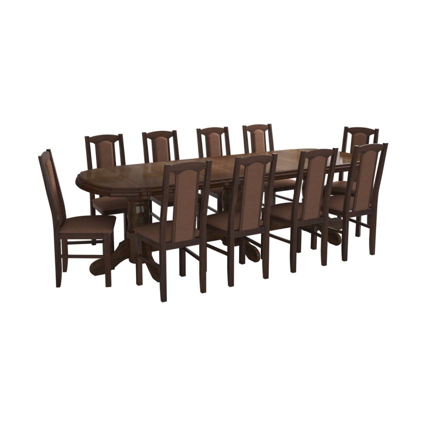 Set masa extensibila jork 250-300x100 cm, lemn masiv nuc, cu 12 scaune tapitate stofa maro, s-37 O15