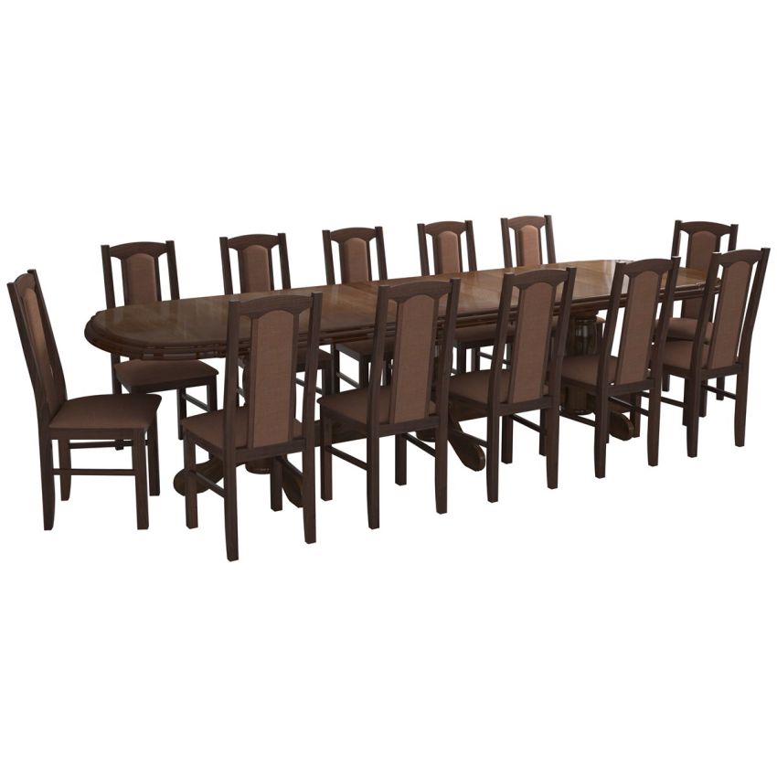 Set masa extensibila jork 250-300x100 cm, lemn masiv nuc, cu 12 scaune tapitate stofa maro, s-37 O15