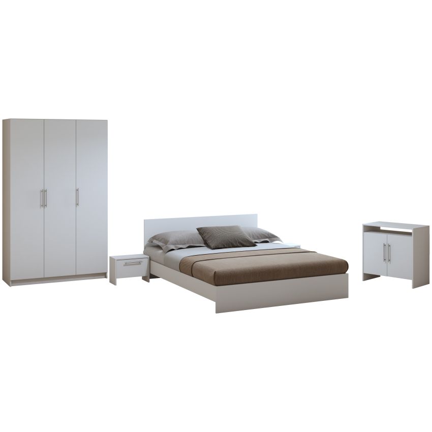 Dormitor Eco alb, dulap 3 usi, pat 160x200 cm, 2 noptiere, comoda