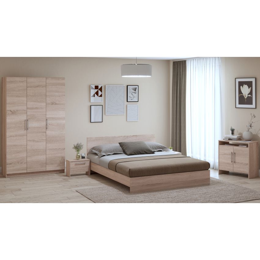 Dormitor Eco alb, dulap 3 usi, pat 160x200 cm, 2 noptiere, comoda
