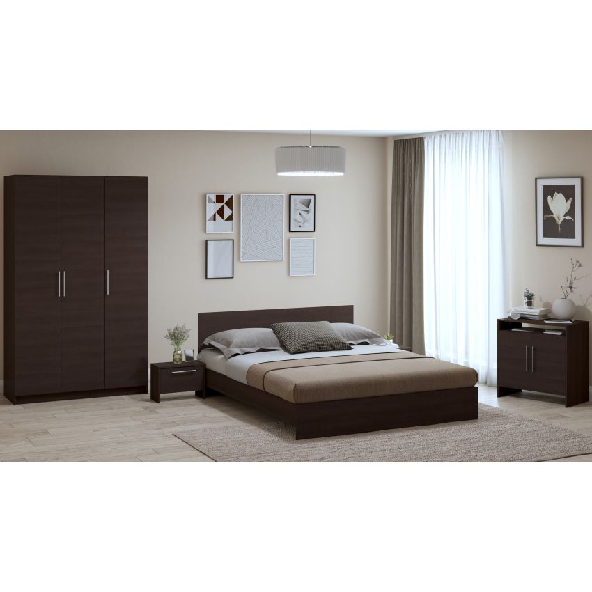 Dormitor Eco alb, dulap 3 usi, pat 160x200 cm, 2 noptiere, comoda