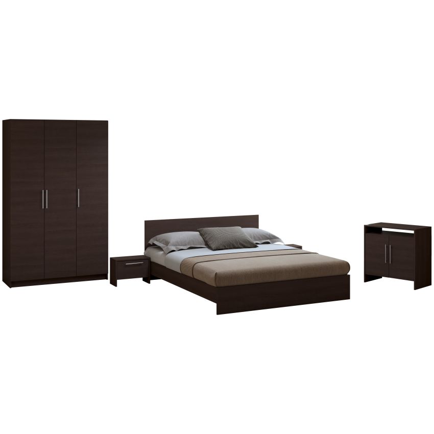 Dormitor Eco wenge, dulap 3 usi, pat 160x200 cm, 2 noptiere, comoda