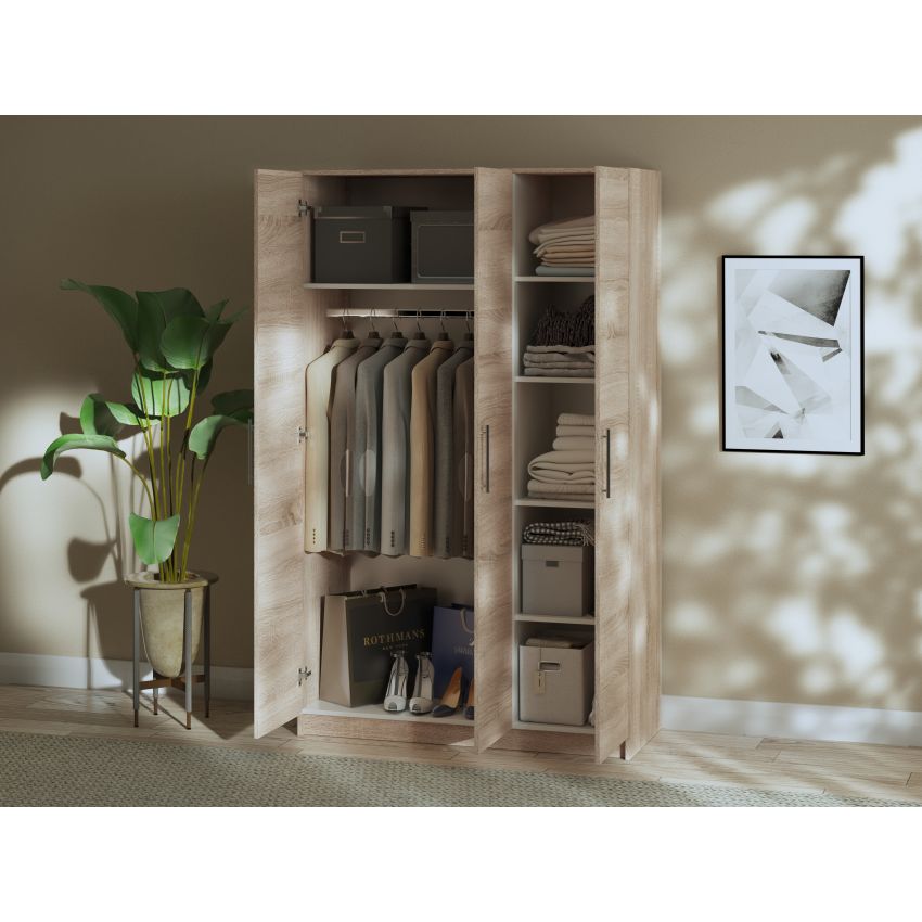 Dormitor Eco sonoma, dulap 3 usi, pat 160x200 cm, 2 noptiere, comoda