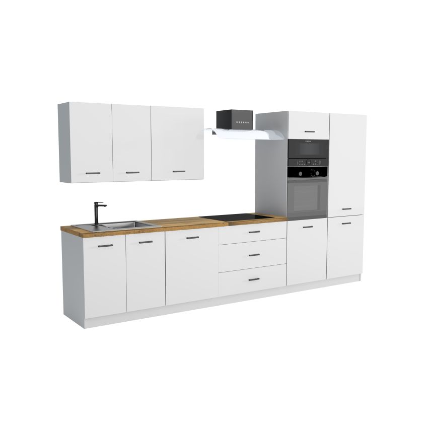 Bucatarie Montis 350 cm, corp cuptor inalt, culoare alb lucios, blat sonoma