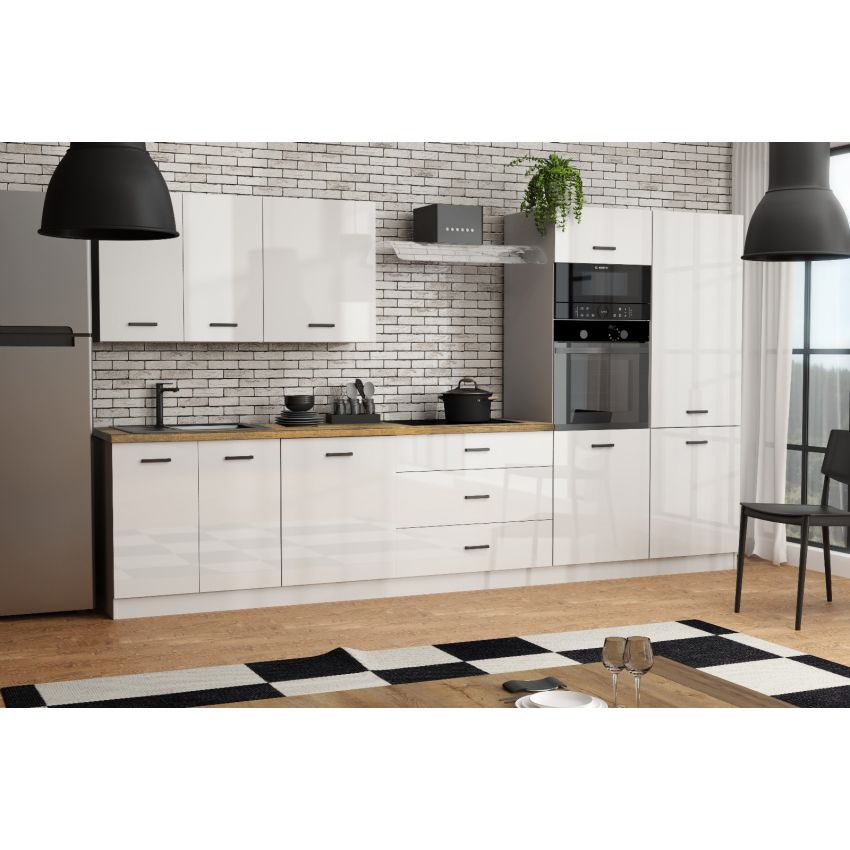 Bucatarie Montis 350 cm, corp cuptor inalt, culoare alb lucios, blat sonoma