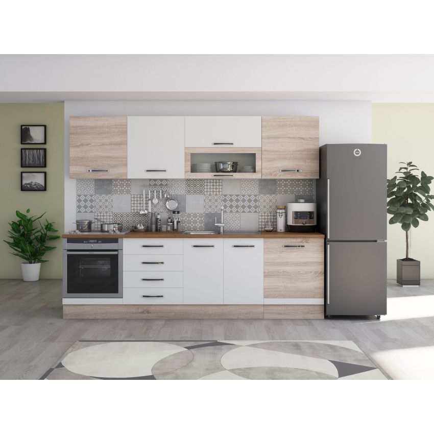 Bucatarie Alfa 260, Cu vitrina, Sonoma/Alb, Blat termic nuc