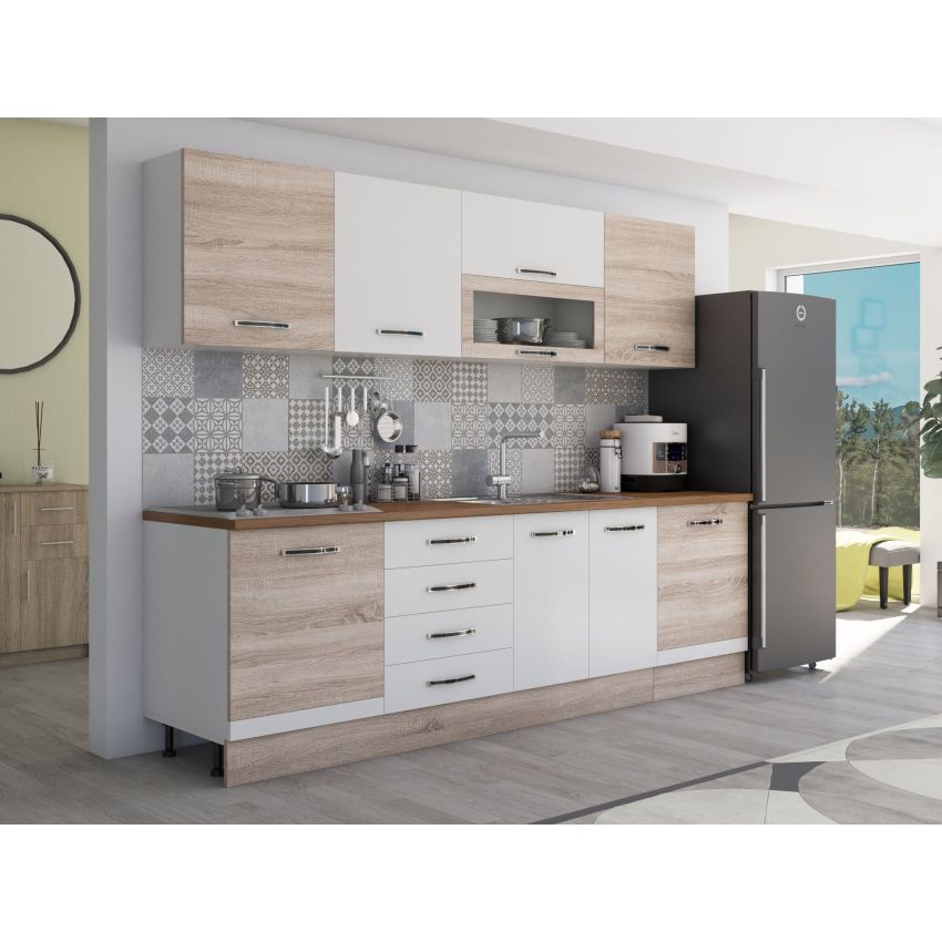 Bucatarie Alfa 260, Cu vitrina, Sonoma/Alb, Blat termic nuc