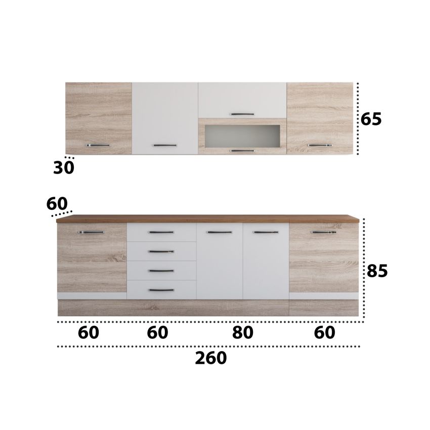 Bucatarie Alfa 260, Cu vitrina, Sonoma/Alb, Blat termic nuc