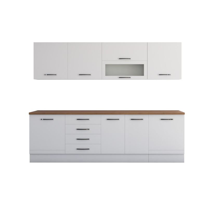 Bucatarie Alfa 260, Cu vitrina, Alb, Blat termic nuc