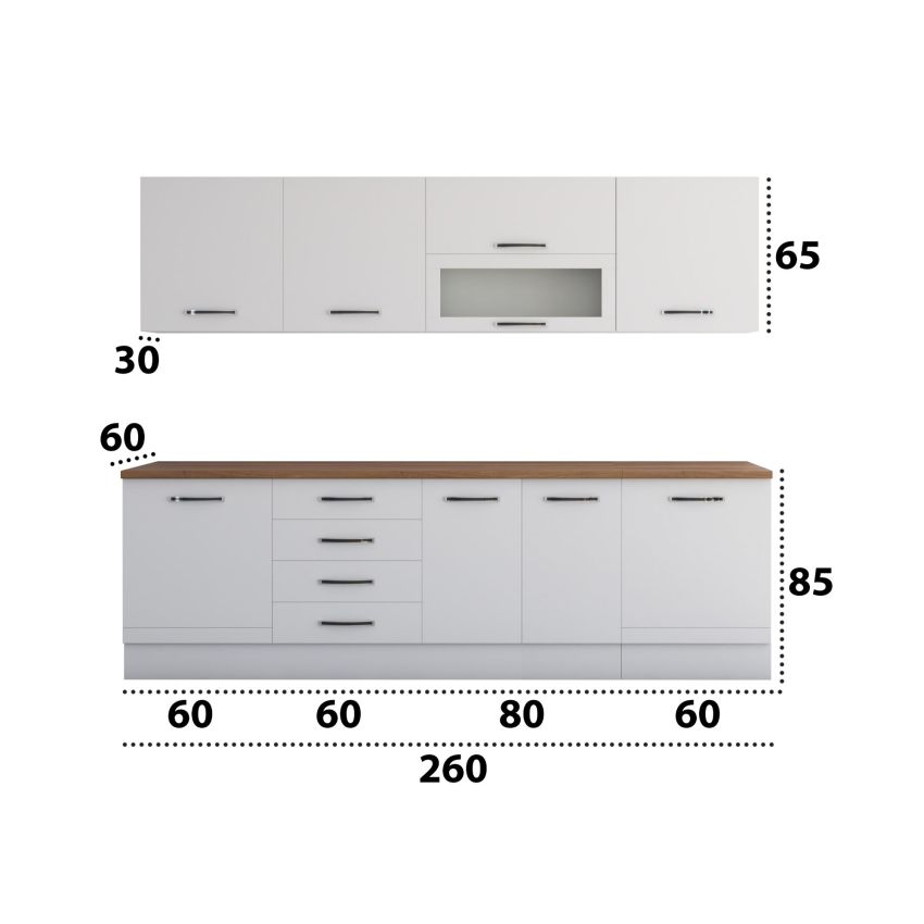 Bucatarie Alfa 260, Cu vitrina, Alb, Blat termic nuc
