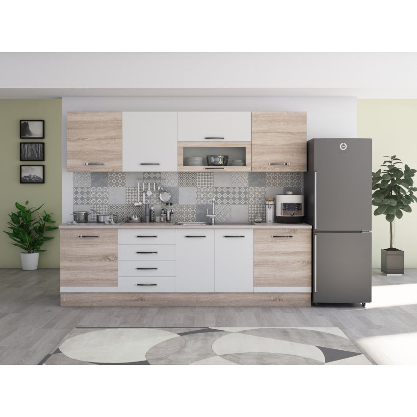 Bucatarie Alfa 260, Cu vitrina, Sonoma/Alb, Blat termic travertin