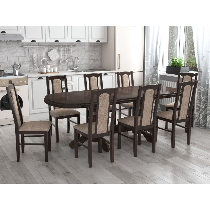 Set masa extensibila jork 250-300x100 cm, lemn masiv, wenge, cu 10 scaune tapitate stofa maro, S-37 W2