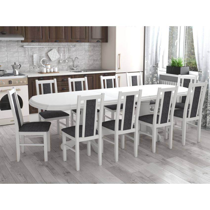 Set masa extensibila jork 200x250 cm, lemn masiv alb, cu 10 scaune tapitate stofa gri, s-38 B24B