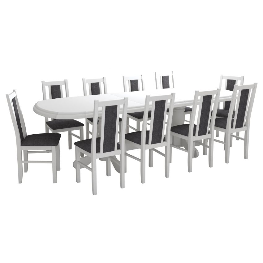 Set masa extensibila jork 200x250 cm, lemn masiv alb, cu 10 scaune tapitate stofa gri, s-38 B24B