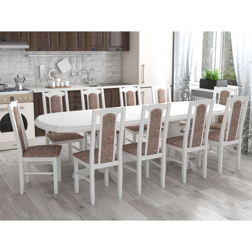 Set masa extensibila jork 200x250 cm, lemn masiv alb, cu 10 scaune tapitate stofa maro, s-37 B25B
