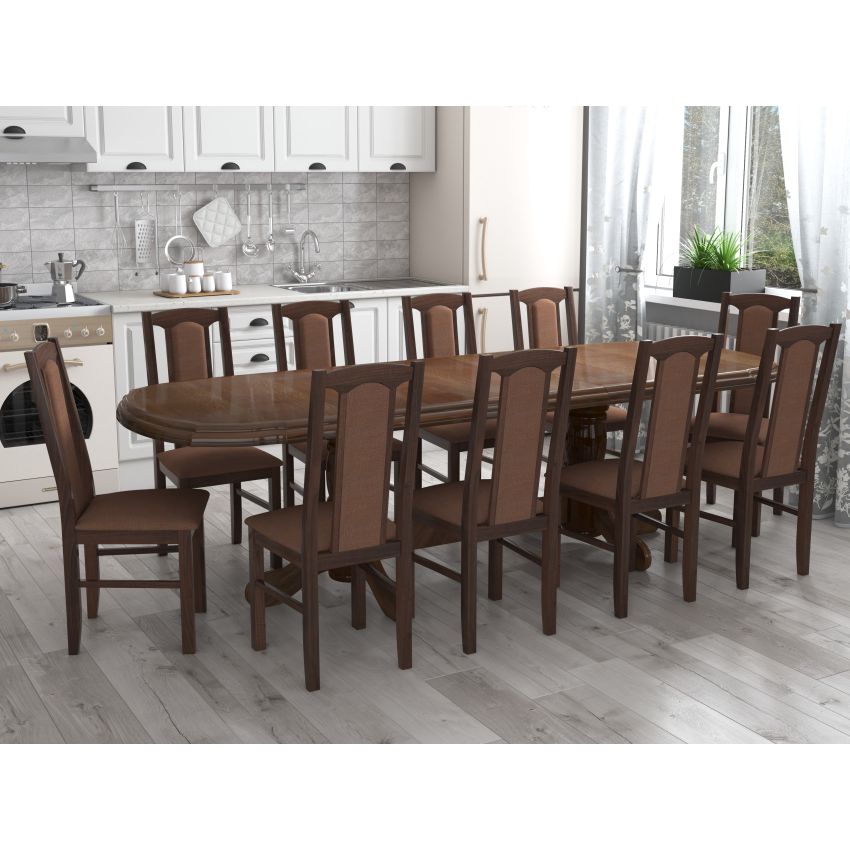 Set masa extensibila jork 200x250 cm, lemn masiv nuc, cu 10 scaune tapitate stofa maro, s-37 O15