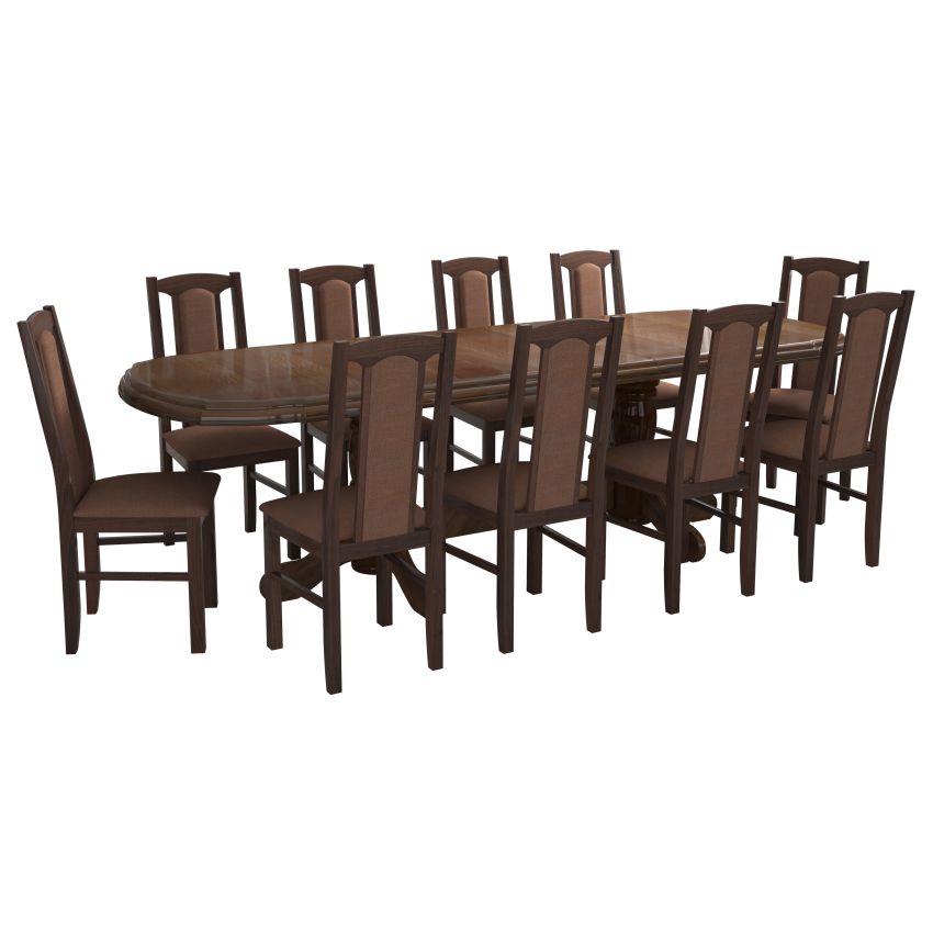 Set masa extensibila jork 200x250 cm, lemn masiv nuc, cu 10 scaune tapitate stofa maro, s-37 O15
