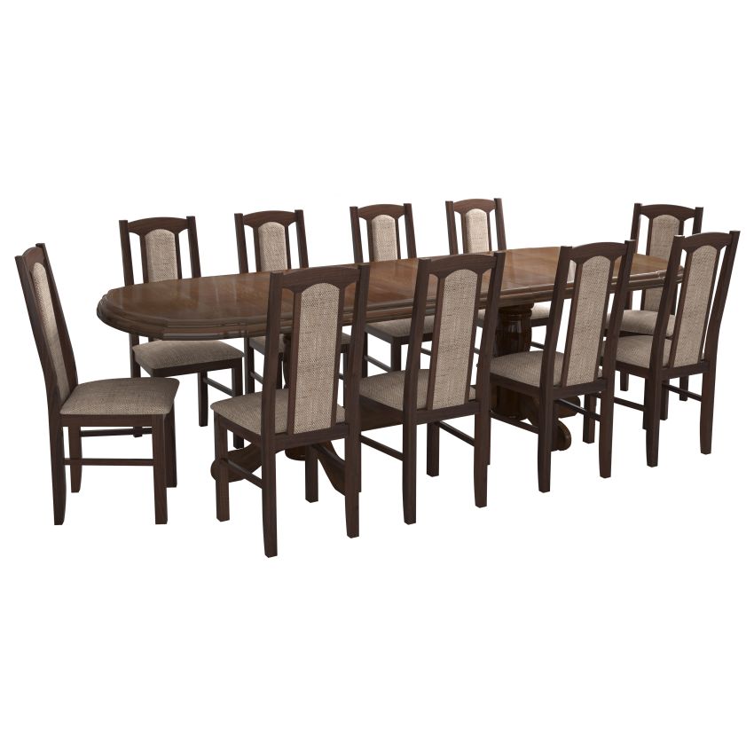 Set masa extensibila jork 200x250 cm, lemn masiv nuc, cu 10 scaune tapitate stofa maro, s-37 O2