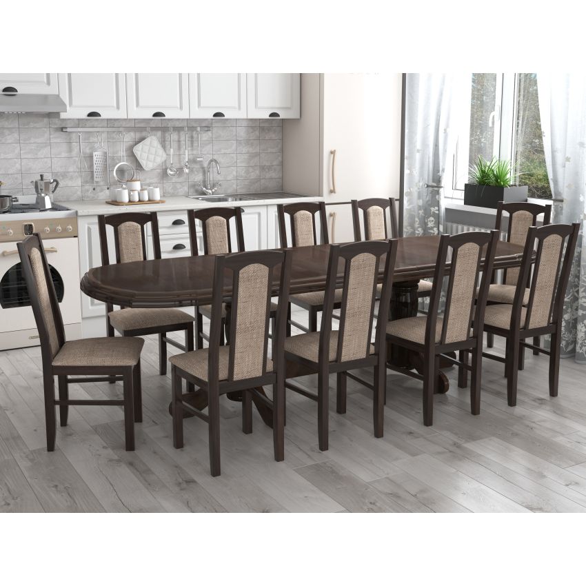 Set masa extensibila jork 200x250 cm, lemn masiv wenge, cu 10 scaune tapitate stofa gri, s-37 W2