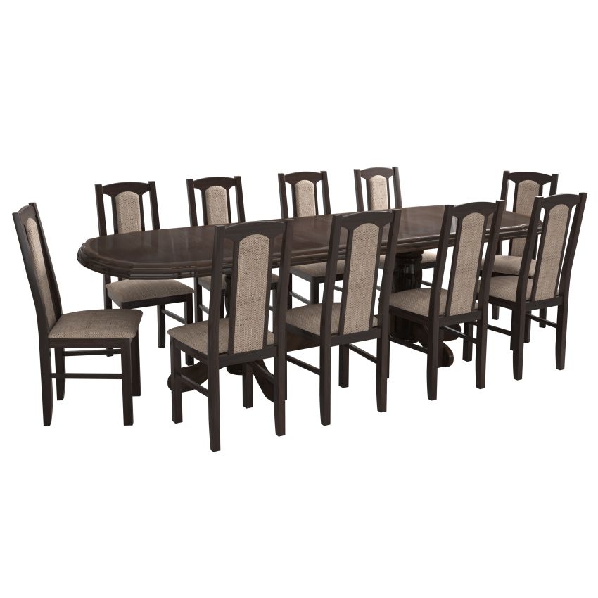Set masa extensibila jork 200x250 cm, lemn masiv wenge, cu 10 scaune tapitate stofa gri, s-37 W2