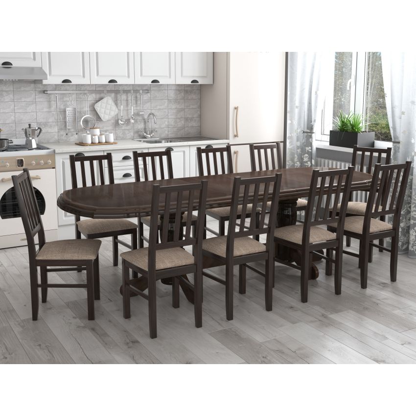 Set masa extensibila jork 200x250 cm, lemn masiv wenge, cu 10 scaune tapitate stofa maro, s-38 W2