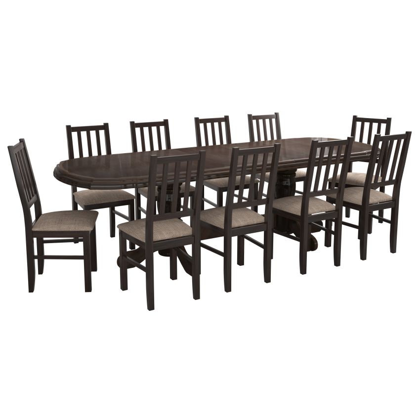 Set masa extensibila jork 200x250 cm, lemn masiv wenge, cu 10 scaune tapitate stofa maro, s-38 W2
