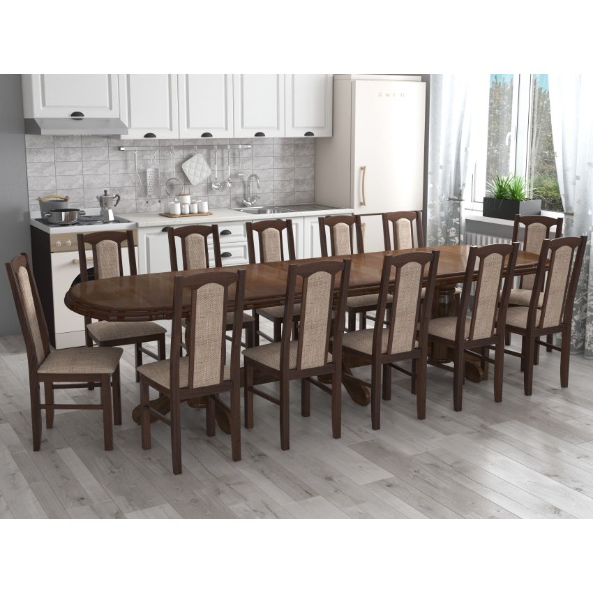 Set masa extensibila jork 250-300x100 cm, lemn masiv nuc, cu 12 scaune tapitate stofa maro, s-37 O2