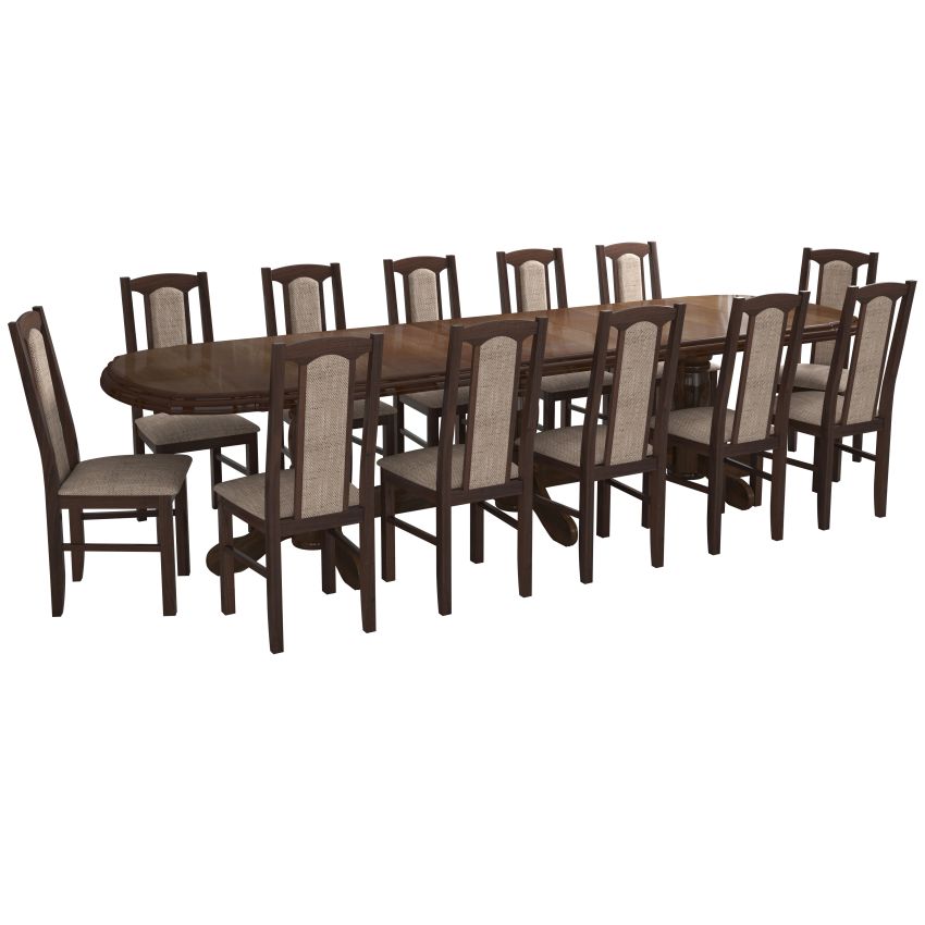 Set masa extensibila jork 250-300x100 cm, lemn masiv nuc, cu 12 scaune tapitate stofa maro, s-37 O2