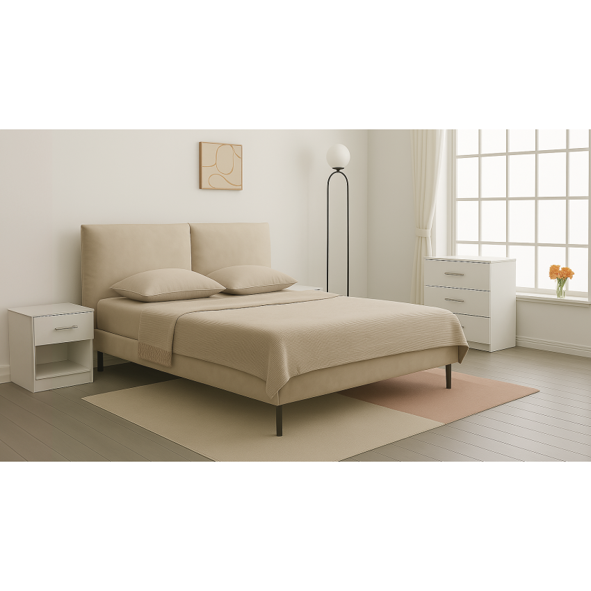 Pat 2314, 160x200, tapitat, Bej, cu 2 noptiere si o comoda