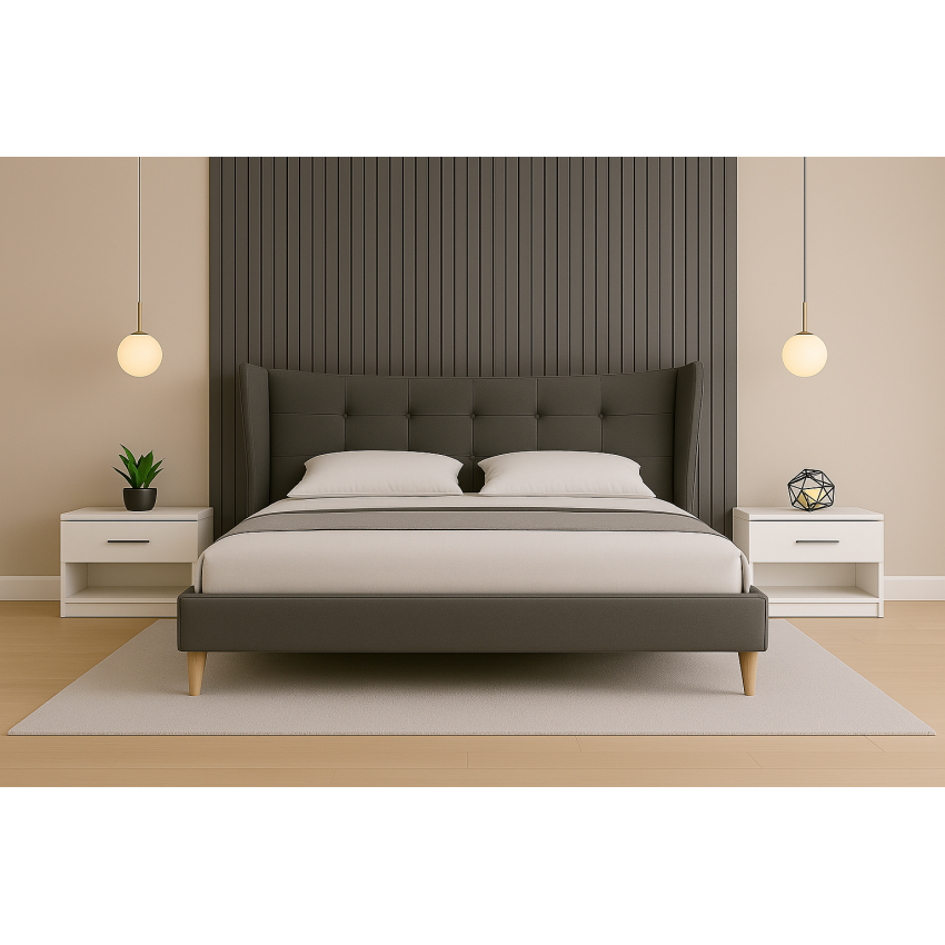Pat 2227, 160x200, tapitat, Gri, cu 2 noptiere Beta alb