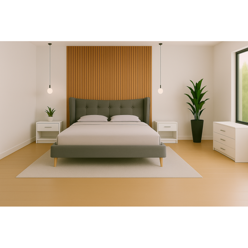 Pat 2227, 160x200, tapitat, Gri, cu 2 noptiere si o comoda