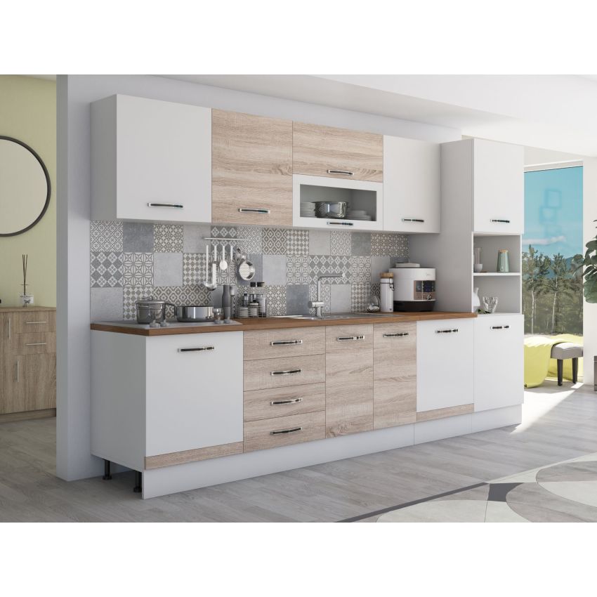Bucatarie Alfa 320, sonoma/alb, blat termic nuc, corp pentru cuptor incorporabil