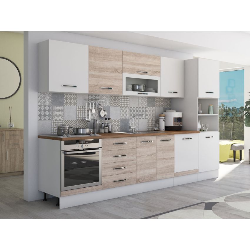 Bucatarie Alfa 320, sonoma/alb, blat termic nuc, corp pentru cuptor incorporabil