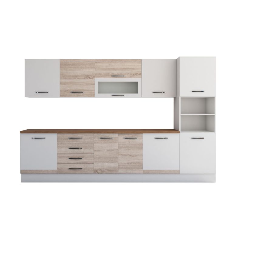 Bucatarie Alfa 320, sonoma/alb, blat termic nuc, corp pentru cuptor incorporabil